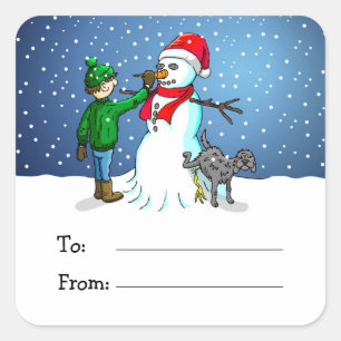 Sticker Carré Construire un bonhomme de neige de Noël