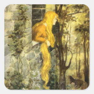 Sticker Carré Conte de fées vintage, Raiponce aux longs cheveux