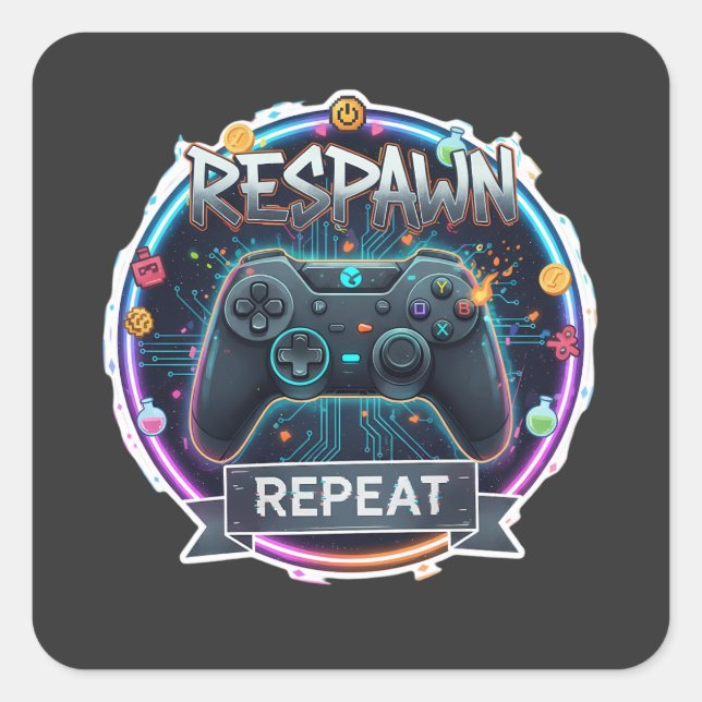 Sticker Carré Contrôleur Gamer Respawn et Repeat (Devant)