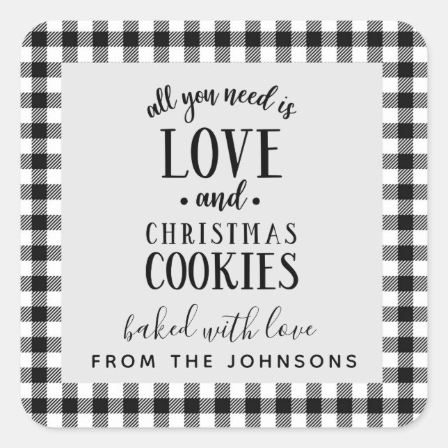 Sticker Carré Cookies d'amour et de Noël Noir & Blanc Plaid (Devant)