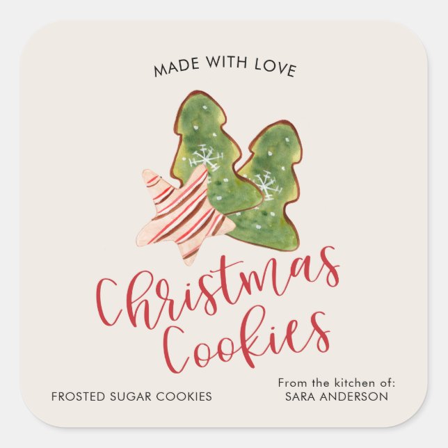Sticker Carré Cookies de Noël Fabriqués Avec Amour Aquarelle ten (Devant)