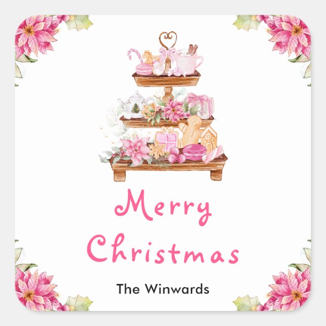 Sticker Carré Cookies de vacances et cacao rose joyeux Noël (Devant)