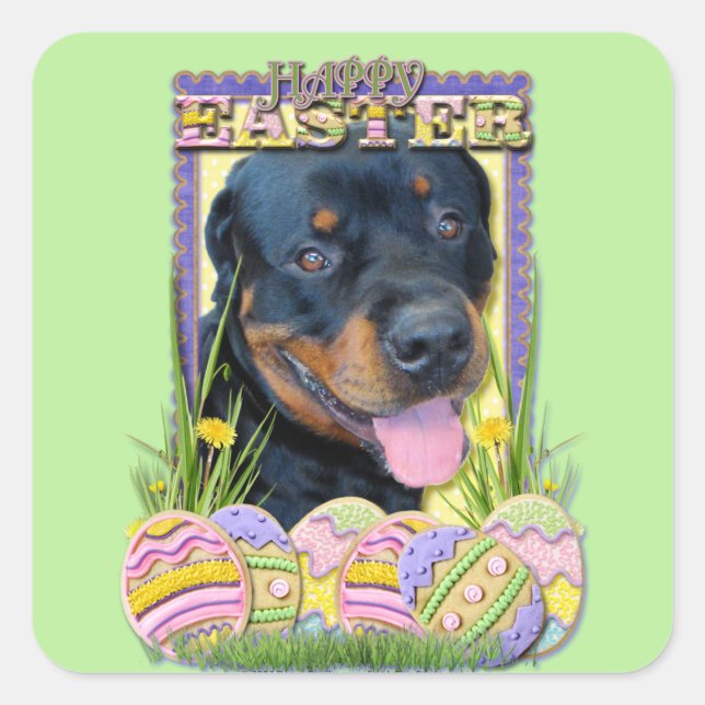 Sticker Carré Cookies d'oeufs de Pâques - Rottweiler - Harley (Devant)
