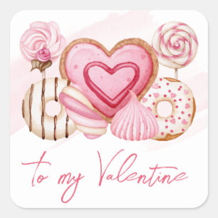 Sticker Carré Cookies et friandises rose aquarelle pour la Saint