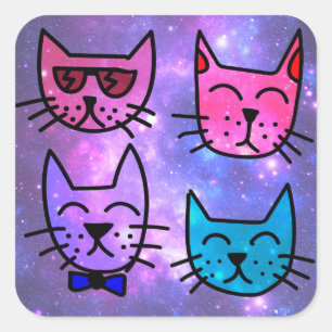 Sticker Carré Cool Cat face sur un Arrière - plan spatial