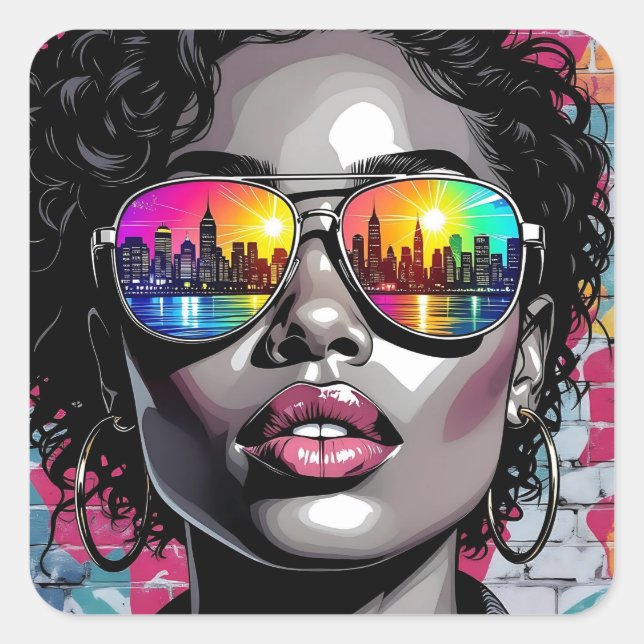 Sticker Carré Cool Comic Woman in City with Sunglasses (Devant)