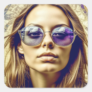 Sticker Carré Cool Lady avec réflexion dans ses lunettes de sole