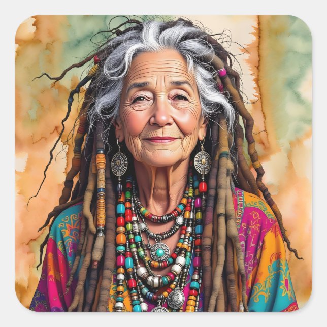Sticker Carré Cool Old Lady in Dread Locks Hippie Woman (Devant)