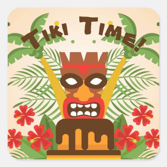 Sticker Carré Cool Retro Hawaiian Idol Tiki Bar Party Palm Trees (Devant)