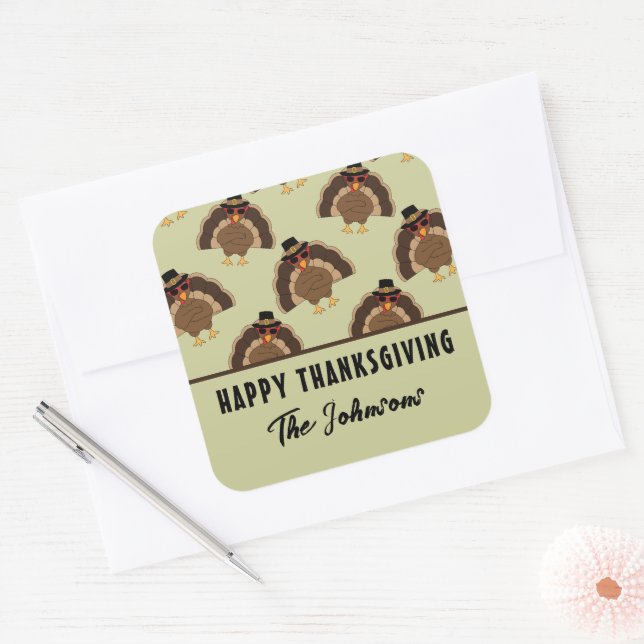 Sticker Carré Cool Turquie Bon thanksgiving Nom de famille Texte (Enveloppe)