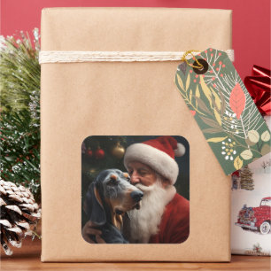 Sticker Carré Coonhound Bluetick avec Noël au Père Noël