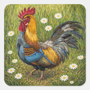 Sticker Carré Coq Coloré dans une Prairie de Pâquerettes – Art N