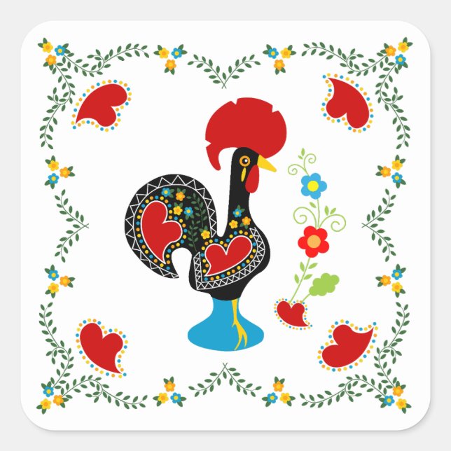 Sticker Carré Coq traditionnel du Portugal en noir (Devant)