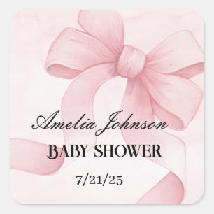 Sticker Carré Coquette au ruban rose pâle pour fille Baby shower