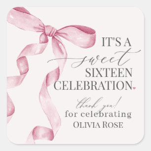 Sticker Carré Coquette Rose Bow Sweet 16 Anniversaire Fête Favor