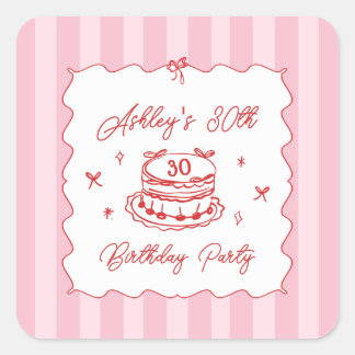 Sticker Carré Coquette Rose Rayures Vintage Anniversaire Dessiné