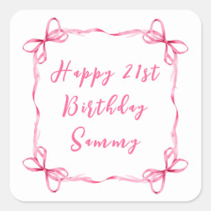 Sticker Carré Coquette Rose Ruban Joyeux Anniversaire