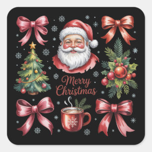 Sticker Carré Coquette Rouge Rétro Noël Mignon Vacances de Noël