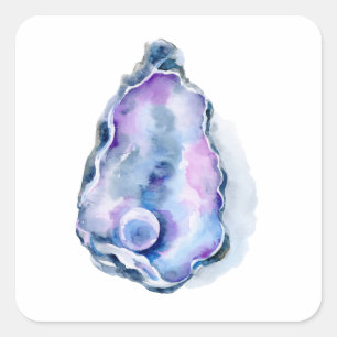 Sticker Carré Coquille d'huître aquarelle avec perle
