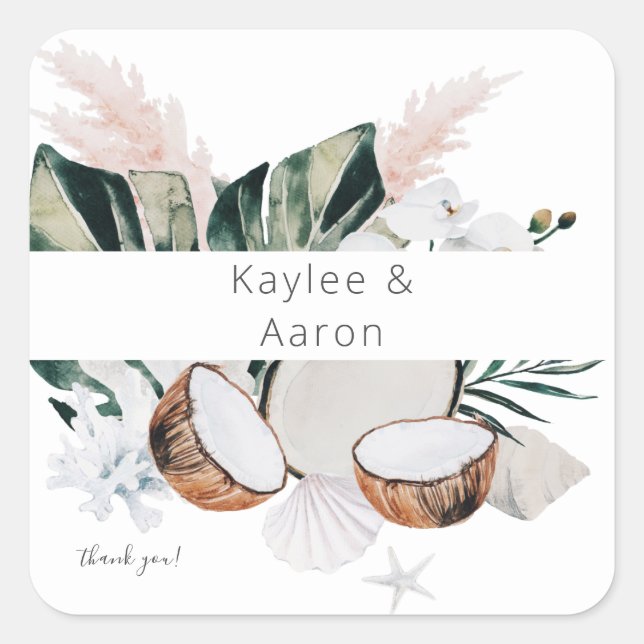 Sticker Carré Corail de noix de coco et Merci floral blanc (Devant)