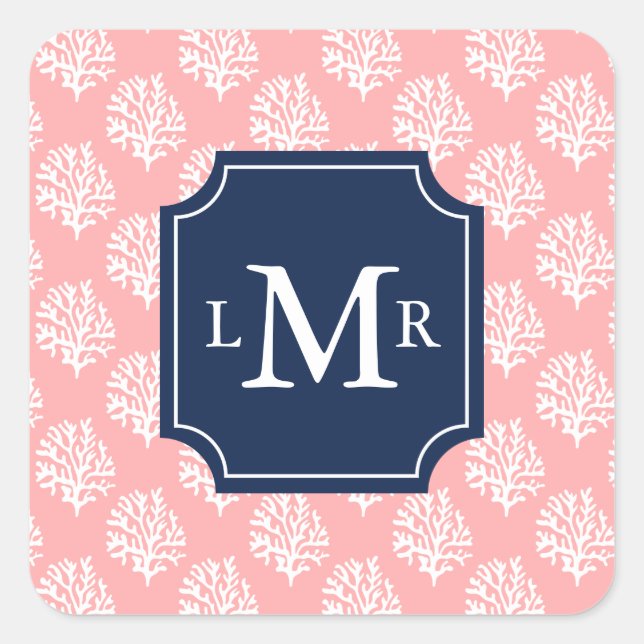 Sticker Carré Corail mignon Motif et Monogramme bleu (Devant)