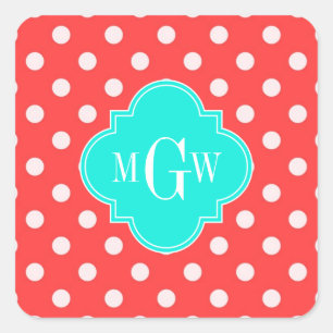 Sticker Carré Corail Points blancs Brt Aqua Quatrefoil 3 Monogra