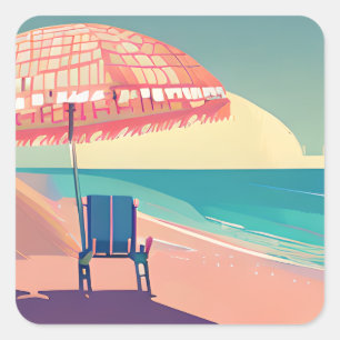 Sticker Carré Coral Beach Chaise, Parapluie, Plage Turquoise