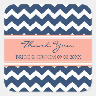Sticker Carré Coral bleu Chevron Merci Mariage Faveur Tags