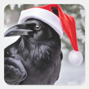 Sticker Carré Corbeau dans un chapeau de Père Noël