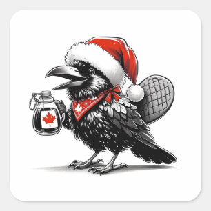 Sticker Carré Corbeau de Noël canadien adorable