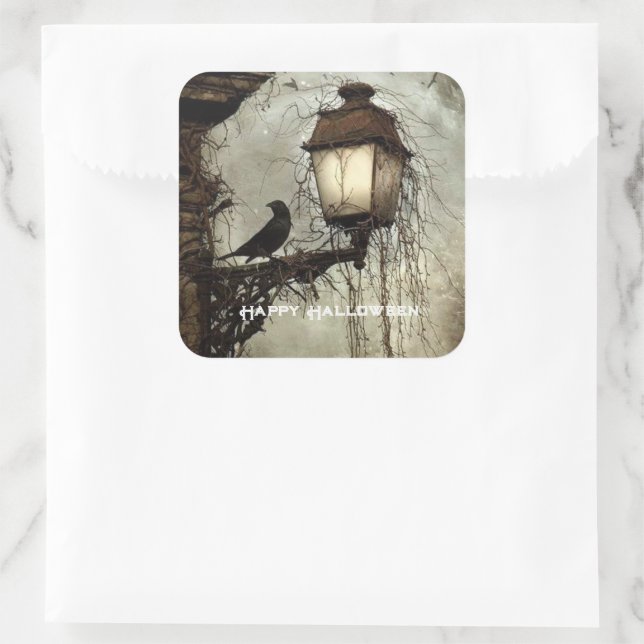 Sticker Carré Corbeau Éffrayant vintage à l'Halloween de Lantern (Sac)