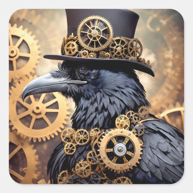 Sticker Carré Corbeau en haut Chapeau Steampunk Art (Devant)