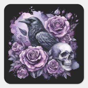 Sticker Carré Corbeau gothique Rose pourpre crâne