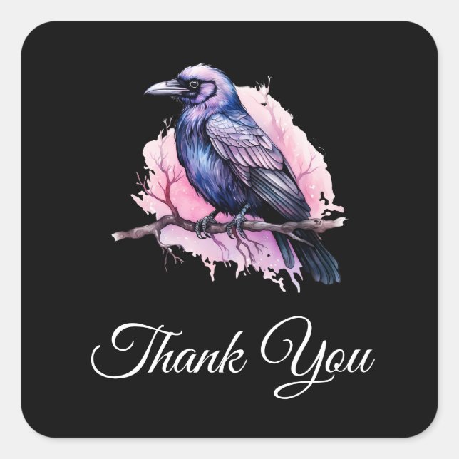 Sticker Carré Corbeau noir sur un Merci d'illustration de branch (Devant)