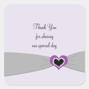 Sticker Carré Cordon Gris Cœur Violet Remerciements de Mariage