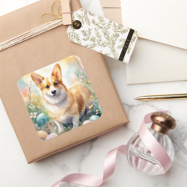 Sticker Carré Corgi avec les oeufs de Pâques (Cadeaux)