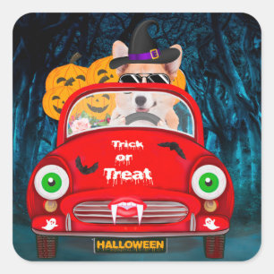 Sticker Carré Corgi Chien Conduite voiture effrayant Halloween