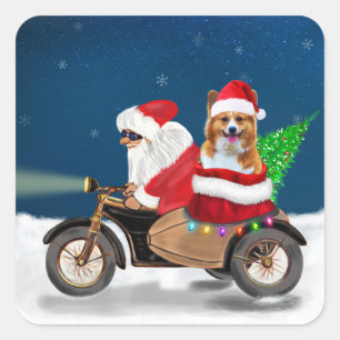 Sticker Carré Corgi Chien Noël Père Noël