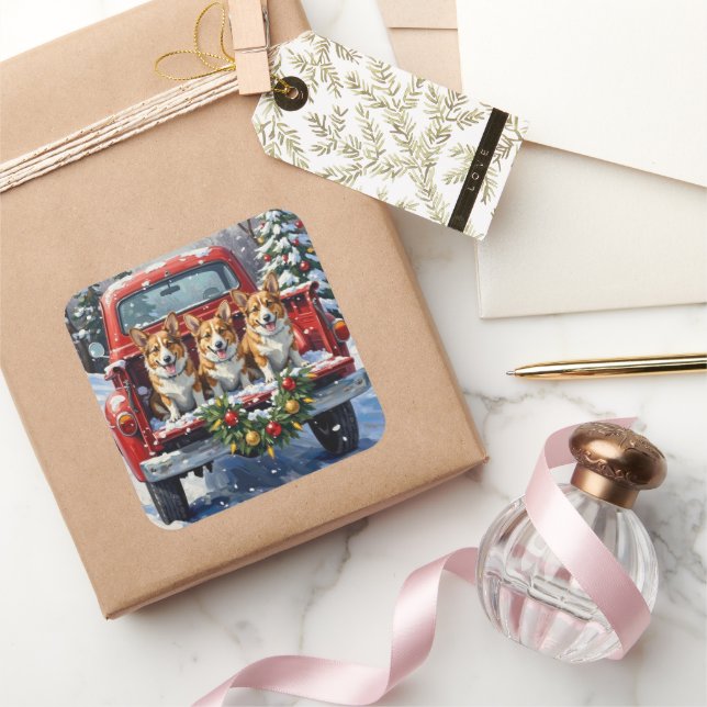 Sticker Carré Corgi Christmas Red Truck Holiday (Cadeaux)