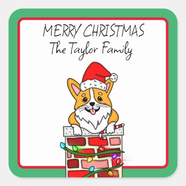 Sticker Carré Corgi de Noël Joyeux à Chimney (Devant)
