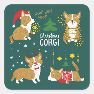 Sticker Carré Corgi de Noël Woof Woof Woof