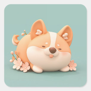 Sticker Carré Corgi en argile dormant avec Fleur rose