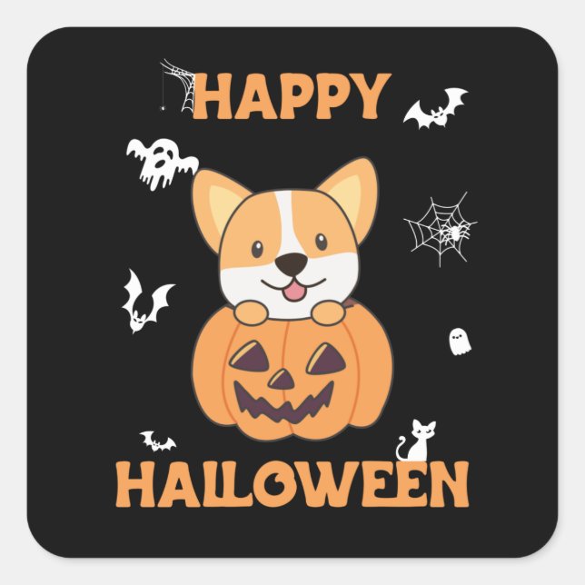 Sticker Carré Corgi En Chiens Citrouilles Cutes Joyeux Halloween (Devant)