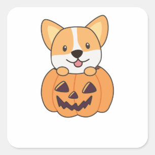 Sticker Carré Corgi En Chiens Citrouilles Cutes Joyeux Halloween