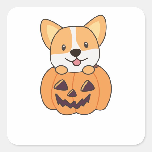 Sticker Carré Corgi En Chiens Citrouilles Cutes Joyeux Halloween (Devant)