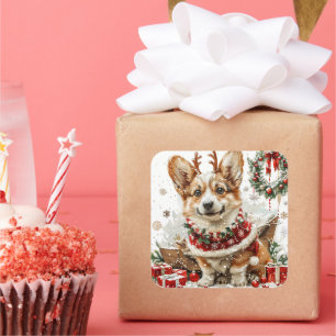 Sticker Carré Corgi en costume Reindeer par Sleigh