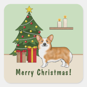 Sticker Carré Corgi Pembroke Gallois Rouge Et Sapin De Noël