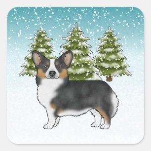 Sticker Carré Corgi Pembroke Tri Noir Forêt d'Hiver Noël