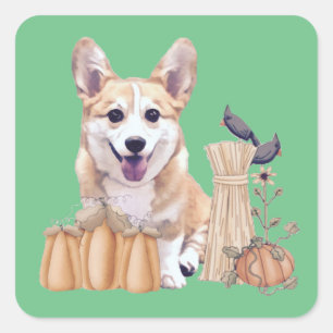 Sticker Carré Corgi Puppy à l'automne