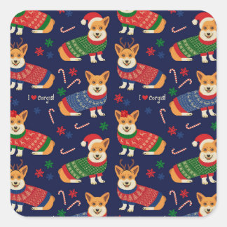 Sticker Carré Corgis de Noël : Illustration Vintage festive.